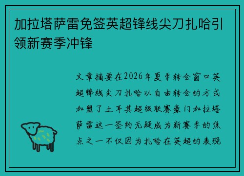 加拉塔萨雷免签英超锋线尖刀扎哈引领新赛季冲锋 加拉塔萨雷免签英超锋线尖刀扎哈引领新赛季冲锋